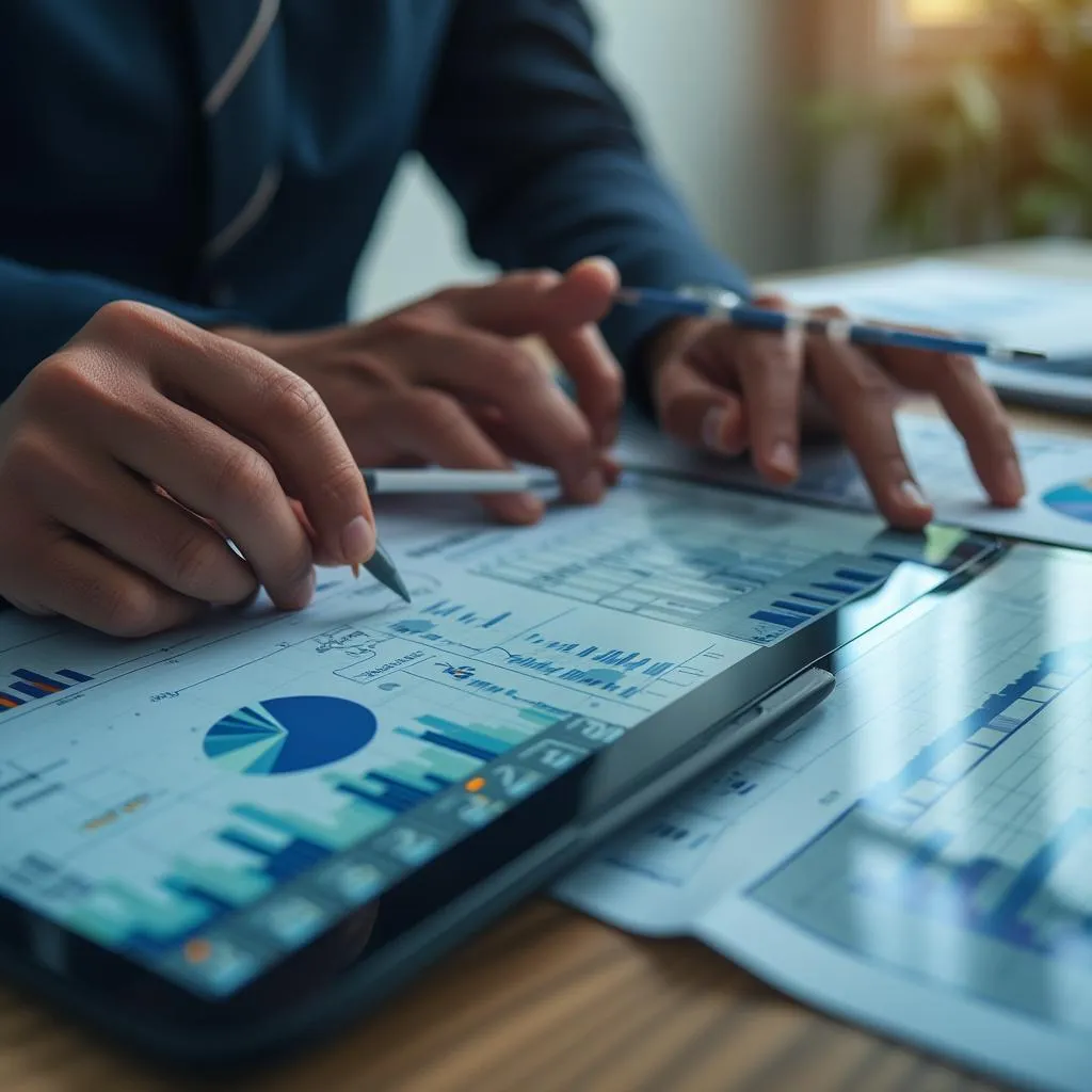 Detalle de manos trabajando sobre un informe financiero complejo en una tableta.